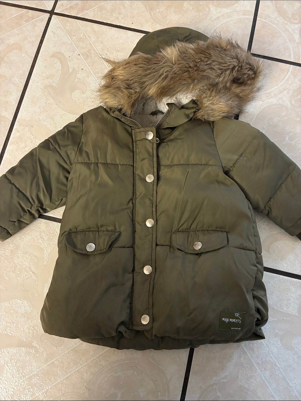 Zara Olive Puffer Coat with Faux Fur Hood